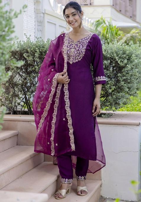 Purple Embroidery Silk Kurta Set