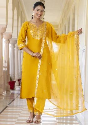 Yellow Embroidery Silk Kurta Set