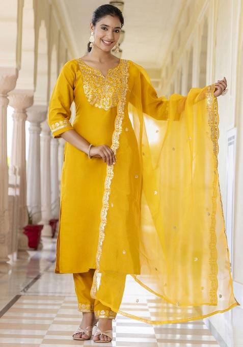 Yellow Embroidery Silk Kurta Set