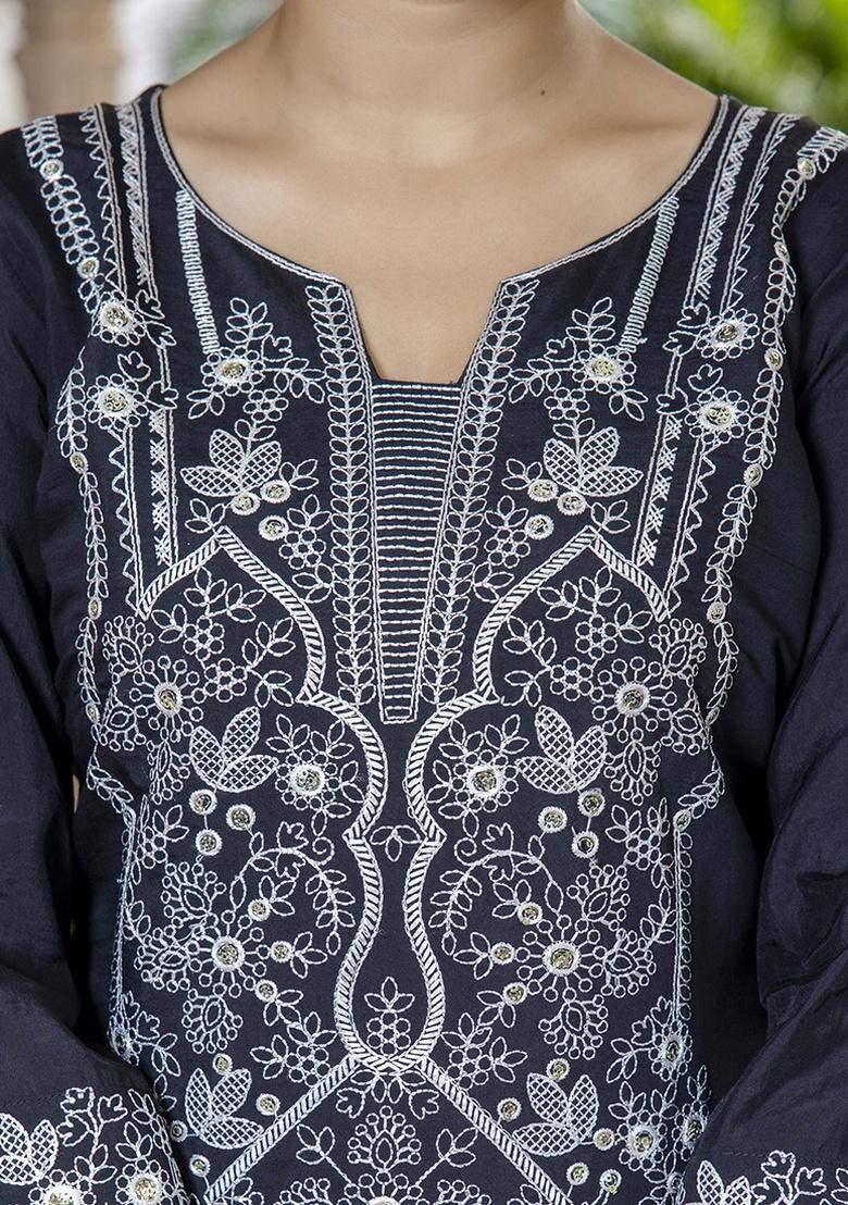 Black Embroidery Silk Kurta Set - Indya