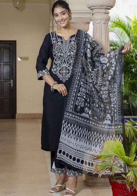 Black Embroidery Silk Kurta Set