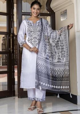 White Embroidery Silk Kurta Set