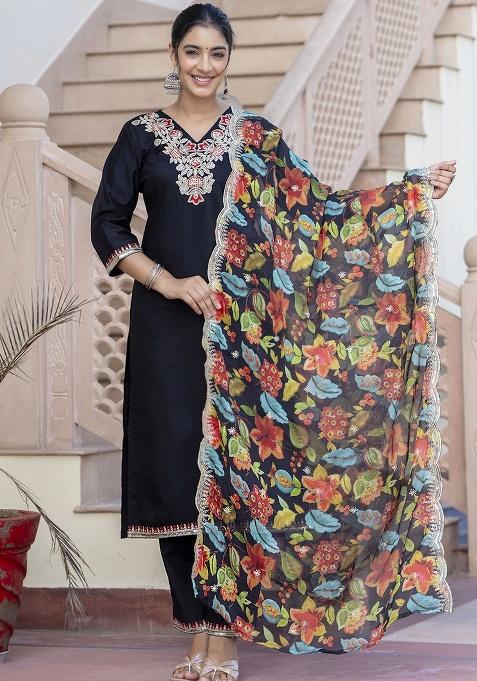 Black Embroidery Silk Kurta Set