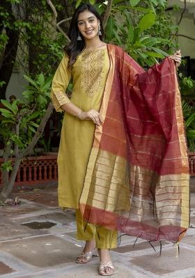 Mehendi Embroidery Cotton Kurta Set