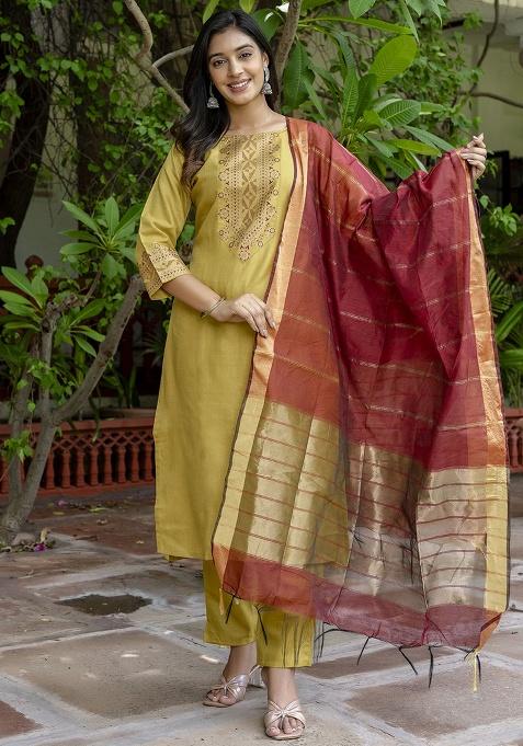 Mehendi Embroidery Cotton Kurta Set