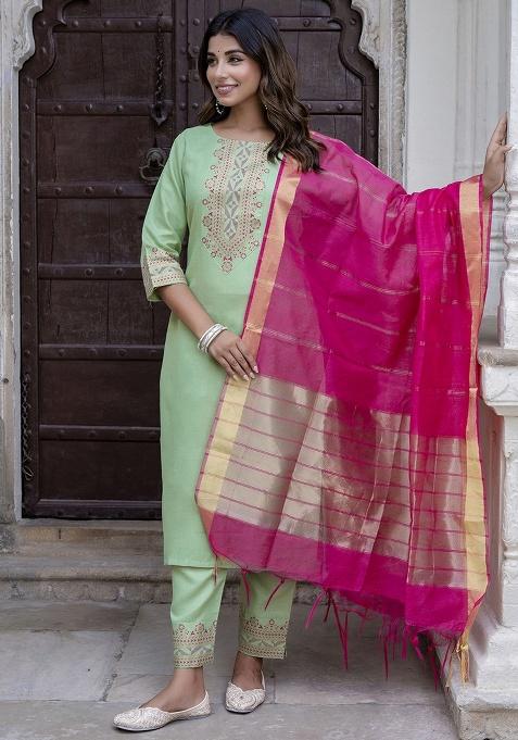 Pista Embroidery Cotton Kurta Set
