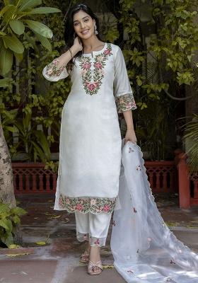 White Embroidery Silk Kurta Set