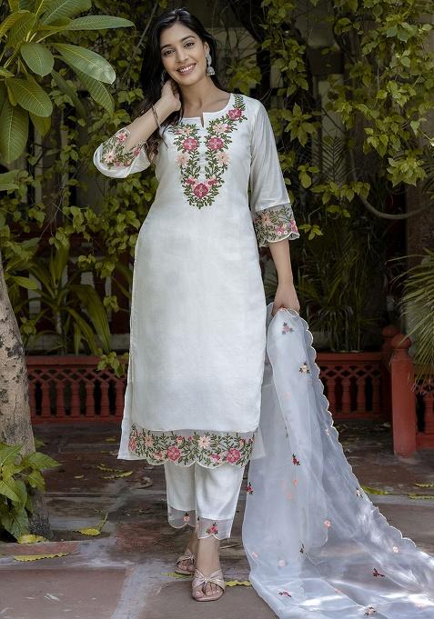White Embroidery Silk Kurta Set