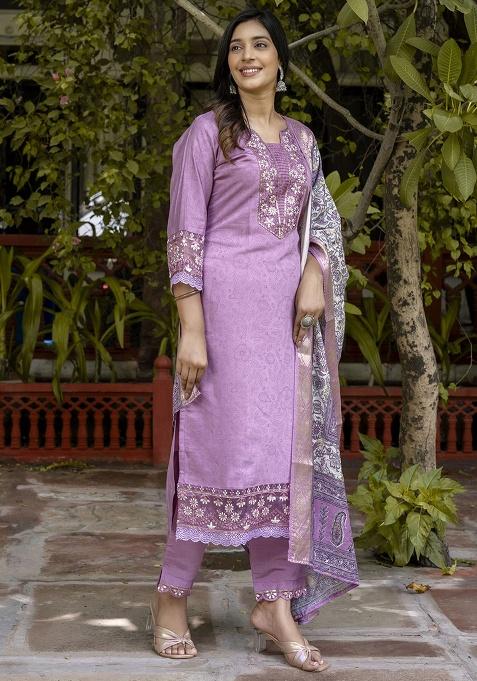 Lavender Embroidery Silk Kurta Set