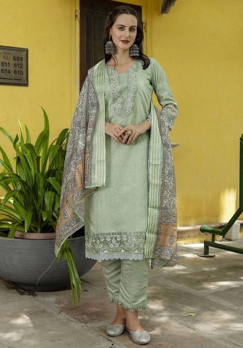 Pista Embroidery Silk Kurta Set