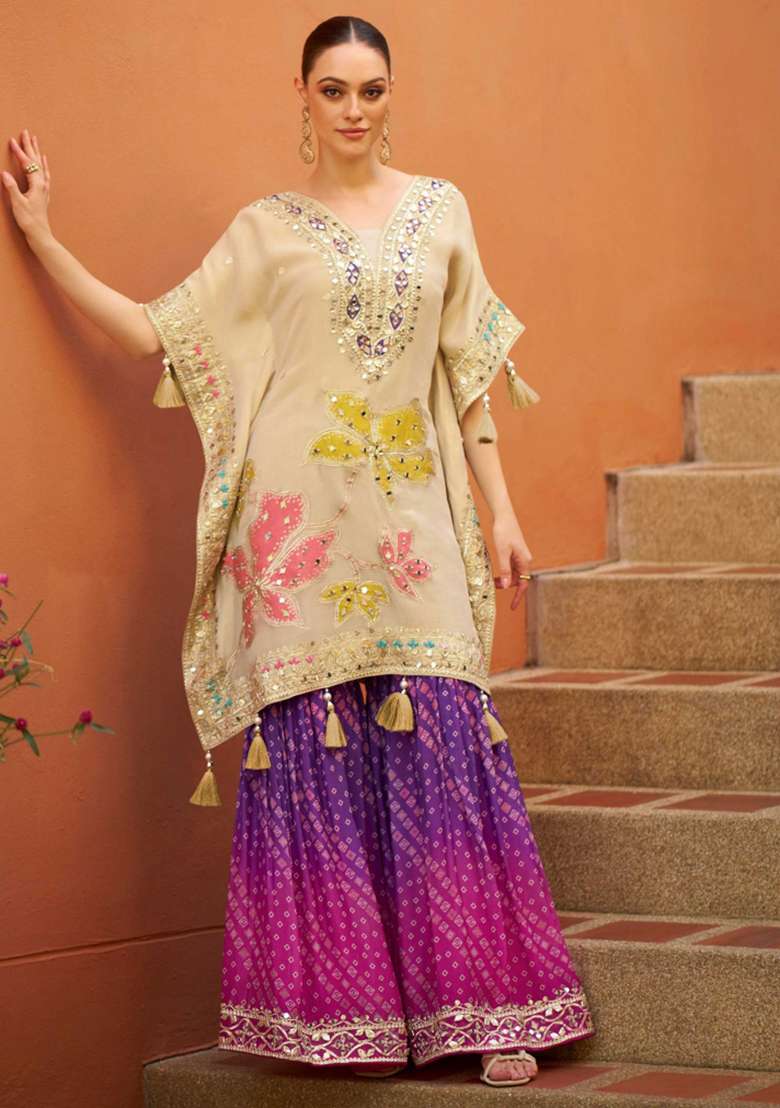 Cream Embroidered Silk Sharara Set - Indya