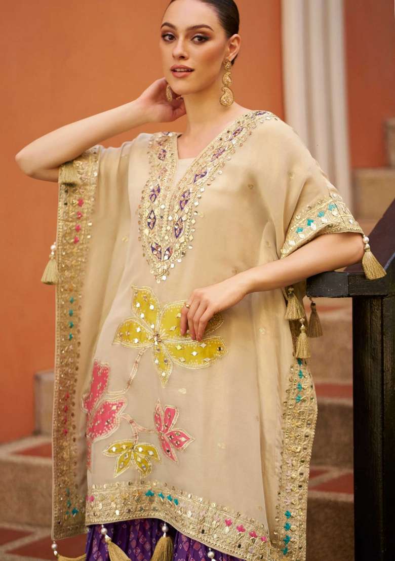 Cream Embroidered Silk Sharara Set - Indya