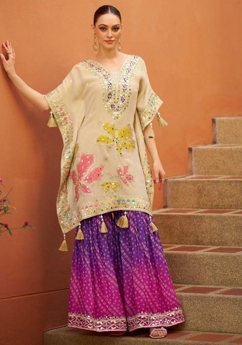 Cream Embroidered Silk Sharara Set — view on Indya