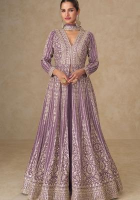 Lavendar Embroidery Silk Anarkali With Dupatta