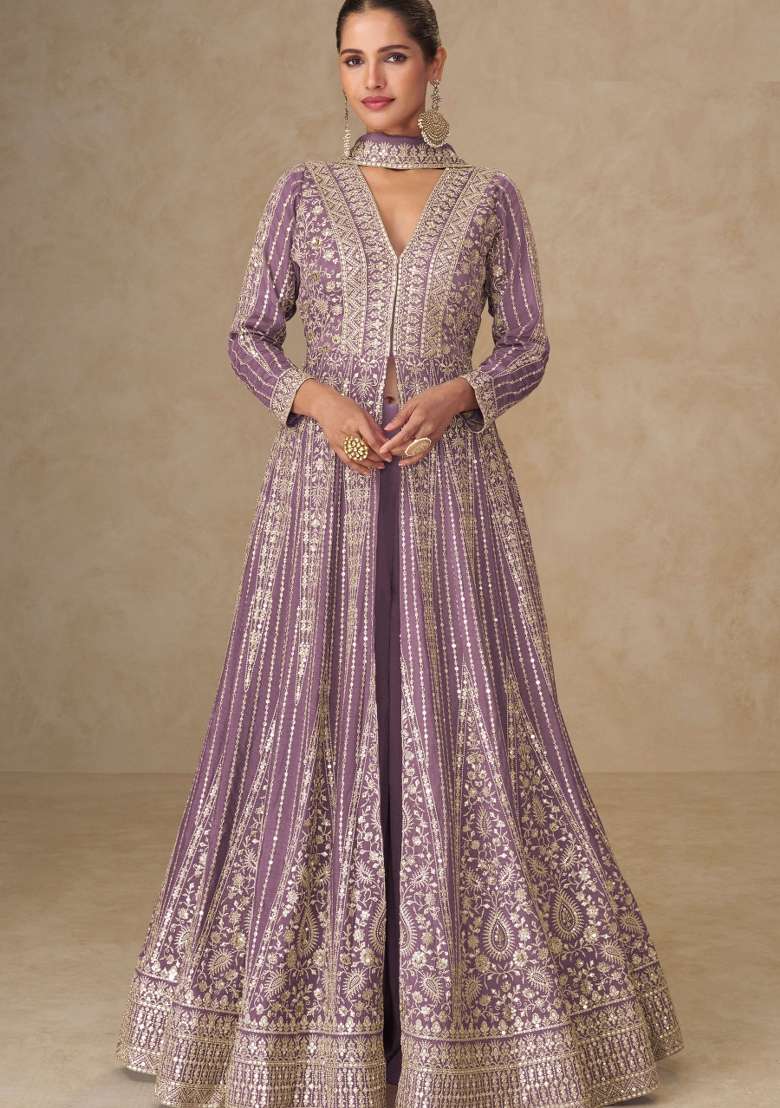 Lavendar Embroidery Silk Anarkali With Dupatta - Indya