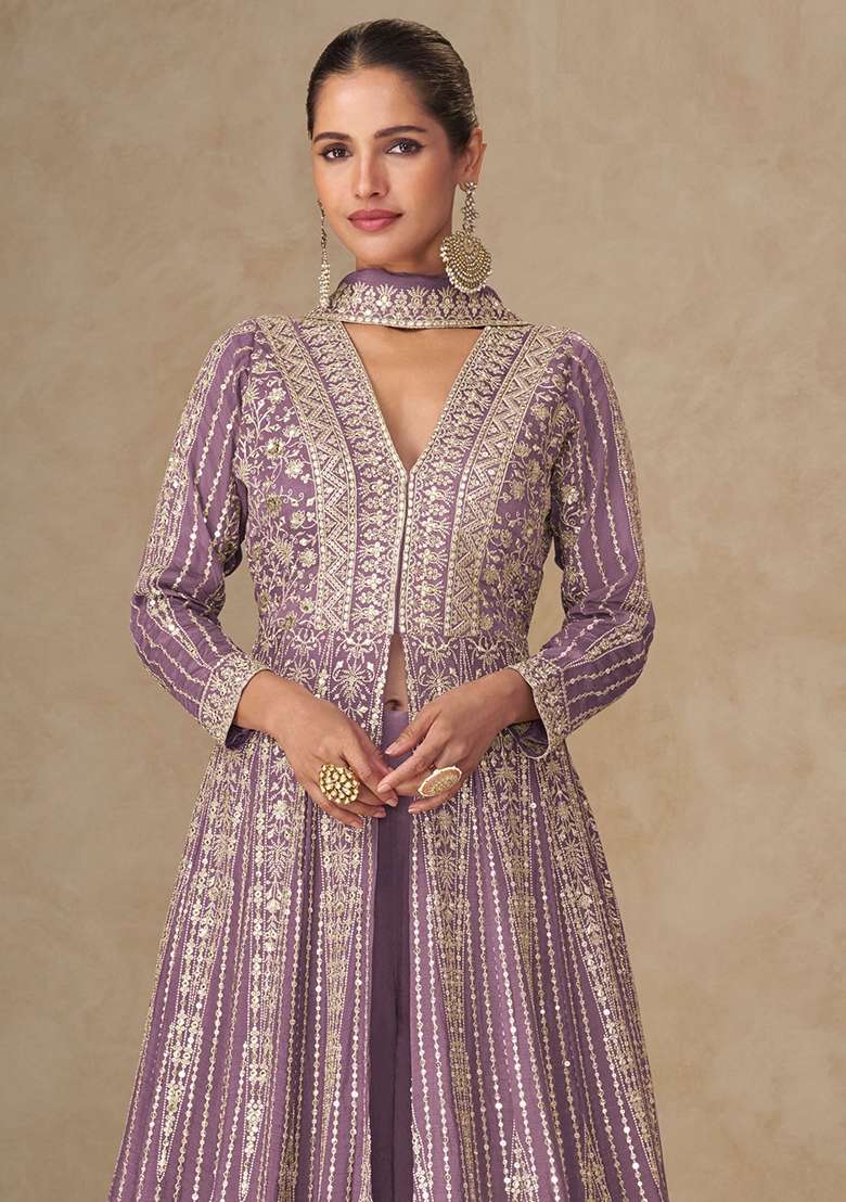 Lavendar Embroidery Silk Anarkali With Dupatta - Indya