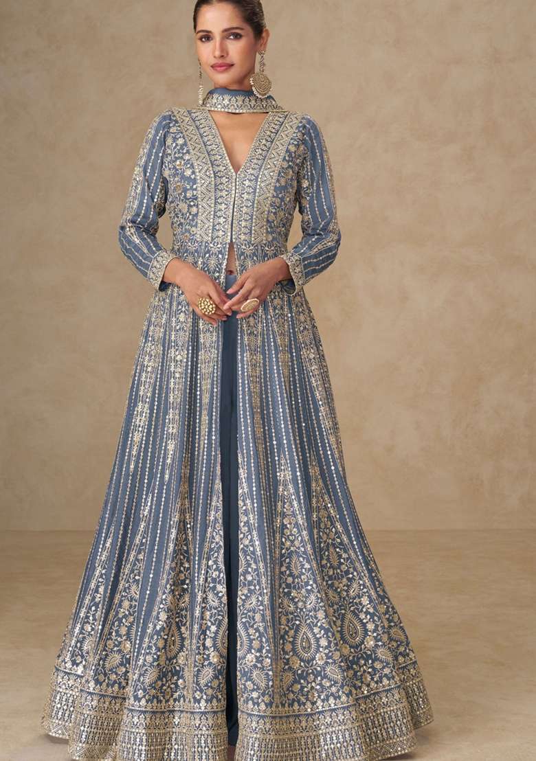 Blue Embroidery Silk Anarkali With Dupatta - Indya