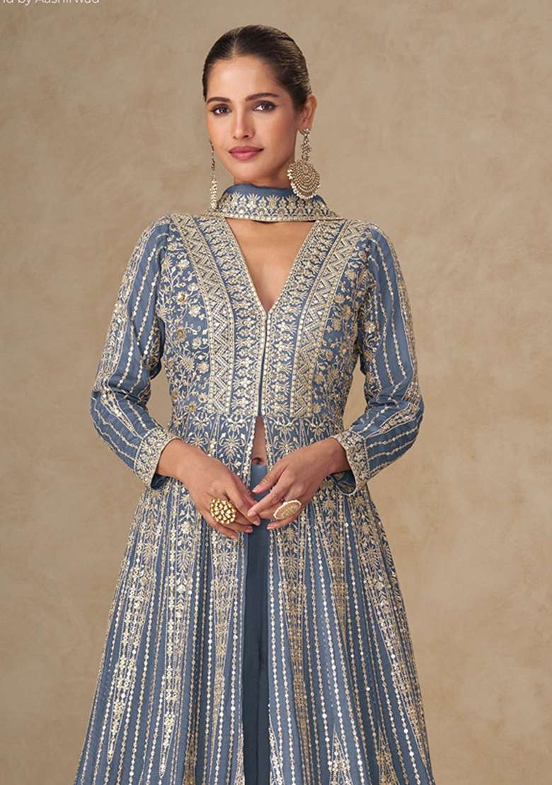 Blue Embroidery Silk Anarkali With Dupatta - Indya