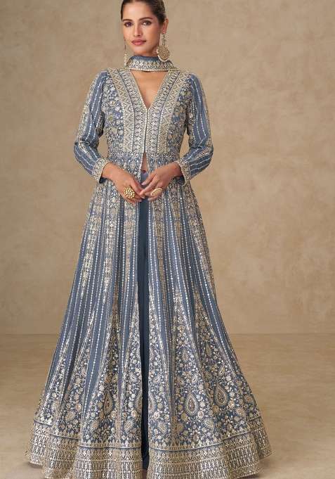 Blue Embroidery Silk Anarkali With Dupatta