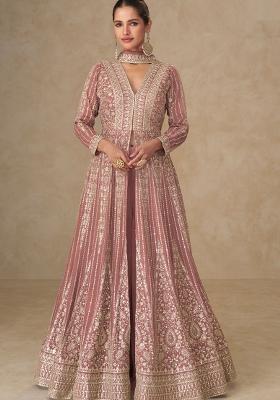Dusty Rose Embroidery Silk Anarkali With Dupatta