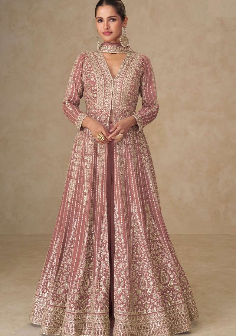 Dusty Rose Embroidery Silk Anarkali With Dupatta - Indya