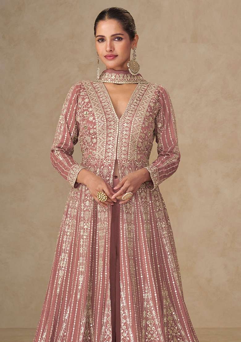 Dusty Rose Embroidery Silk Anarkali With Dupatta - Indya