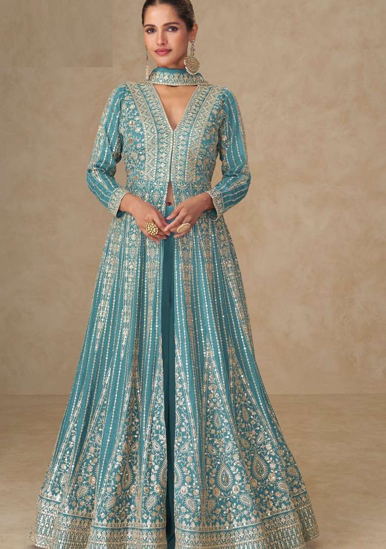Teal Blue Embroidery Silk Anarkali With Dupatta - Indya