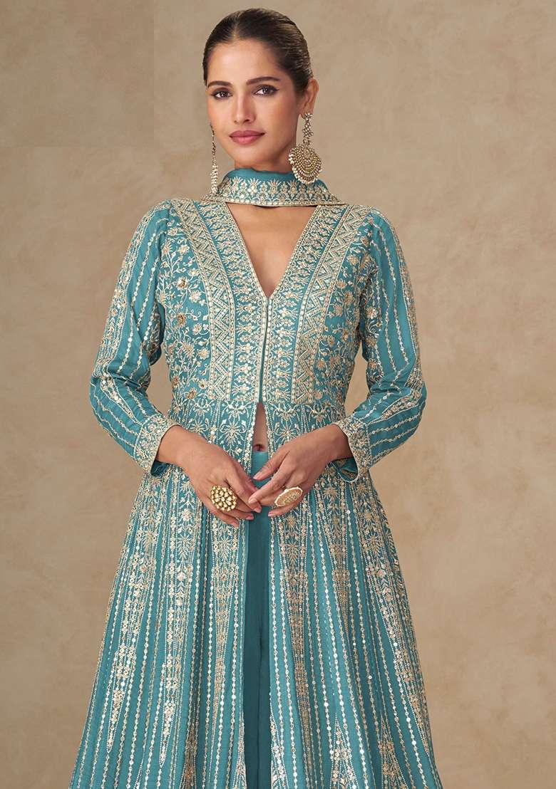 Teal Blue Embroidery Silk Anarkali With Dupatta - Indya