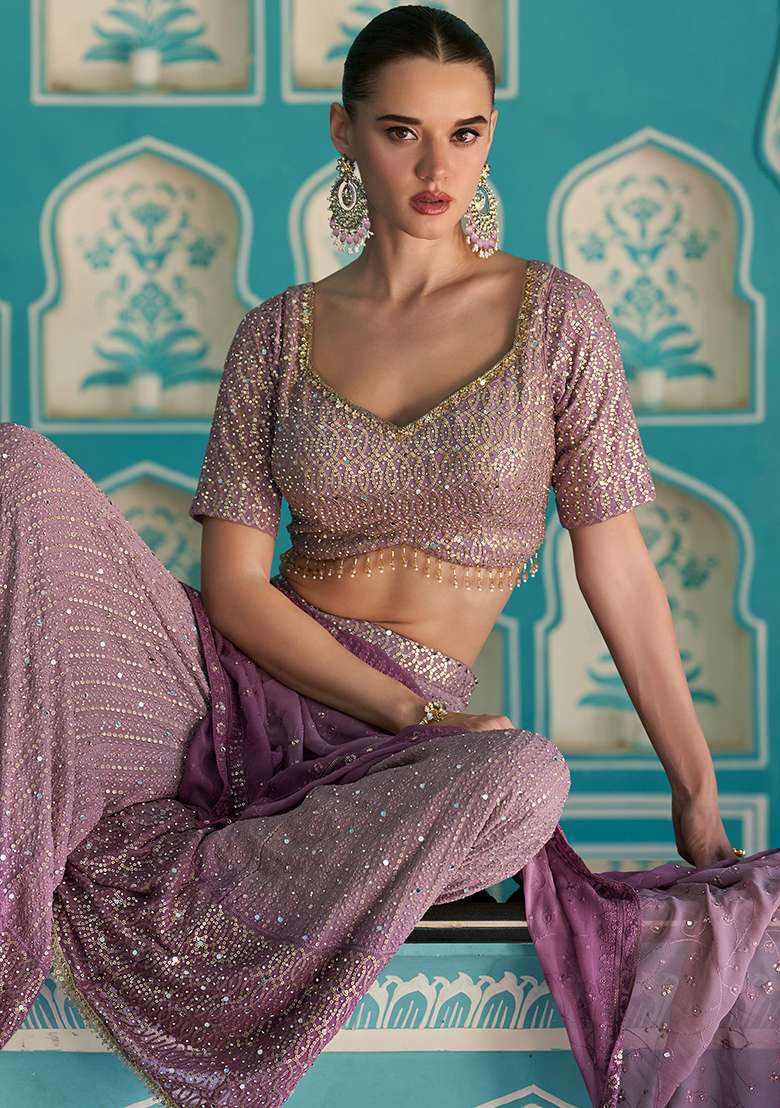 Lavendar Sequin Work Georgette Sharara Set - Indya