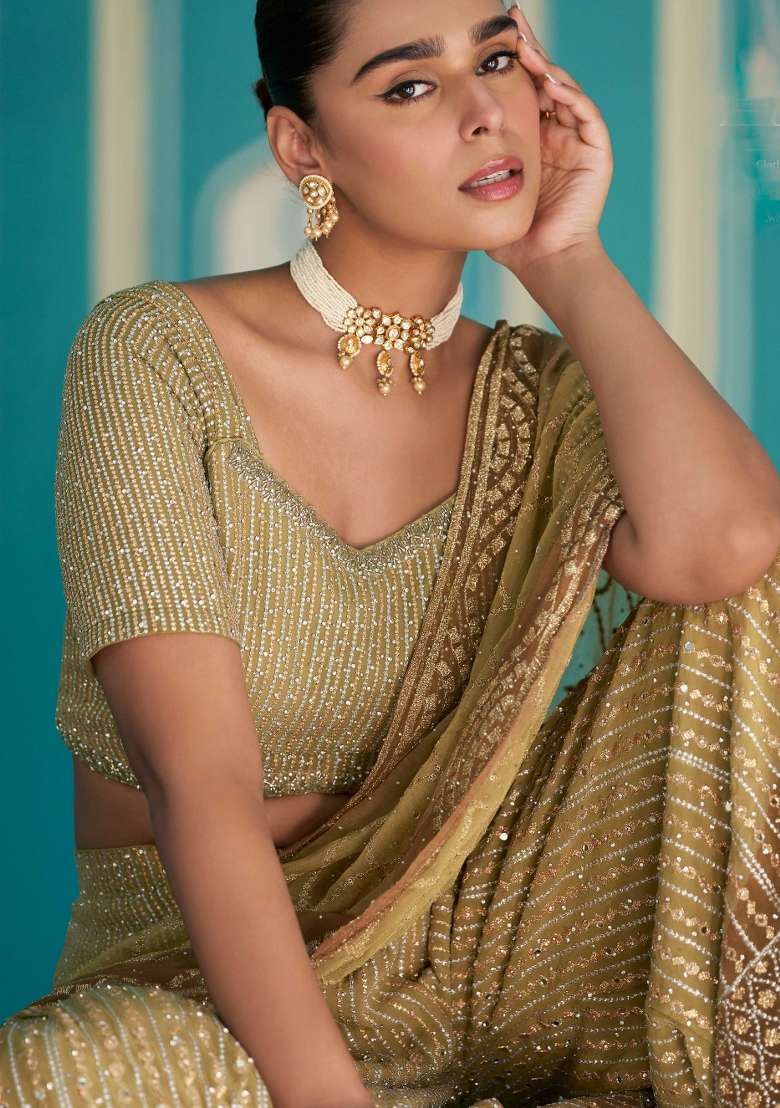 Gold Embroidered Georgette Sharara Set - Indya
