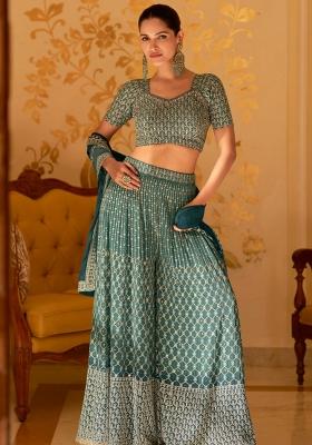 Teal Green Embroidery Georgette Fusion Set