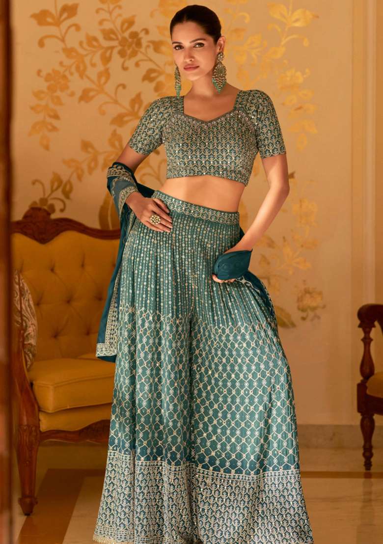 Teal Green Printed Georgette Sharara Set - Indya