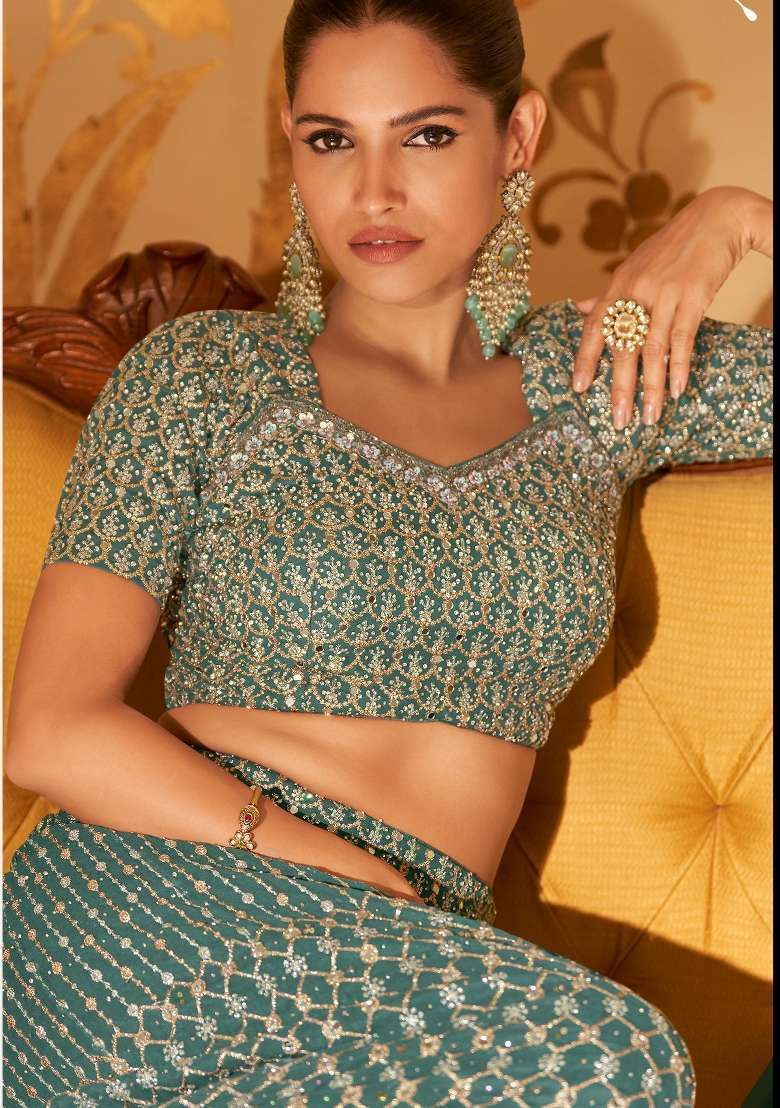 Teal Green Printed Georgette Sharara Set - Indya