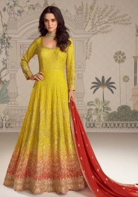 Yellow Embroidery Georgette Gown With Dupatta