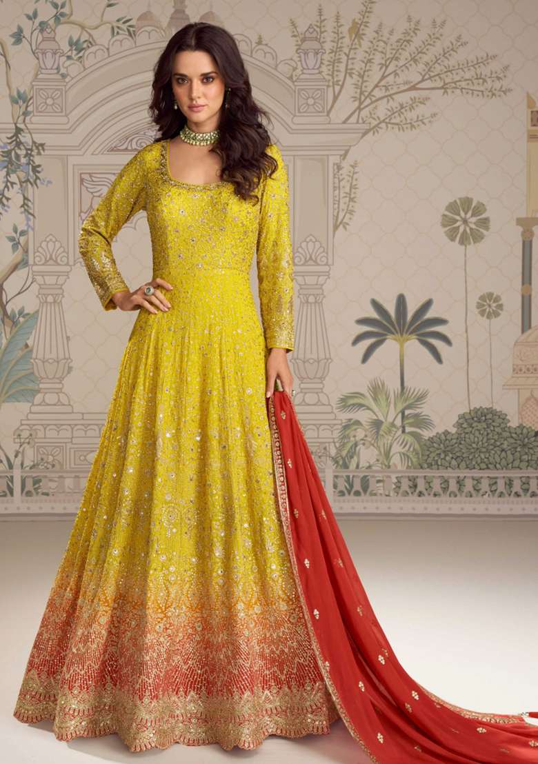 Yellow Embroidery Georgette Gown With Dupatta - Indya