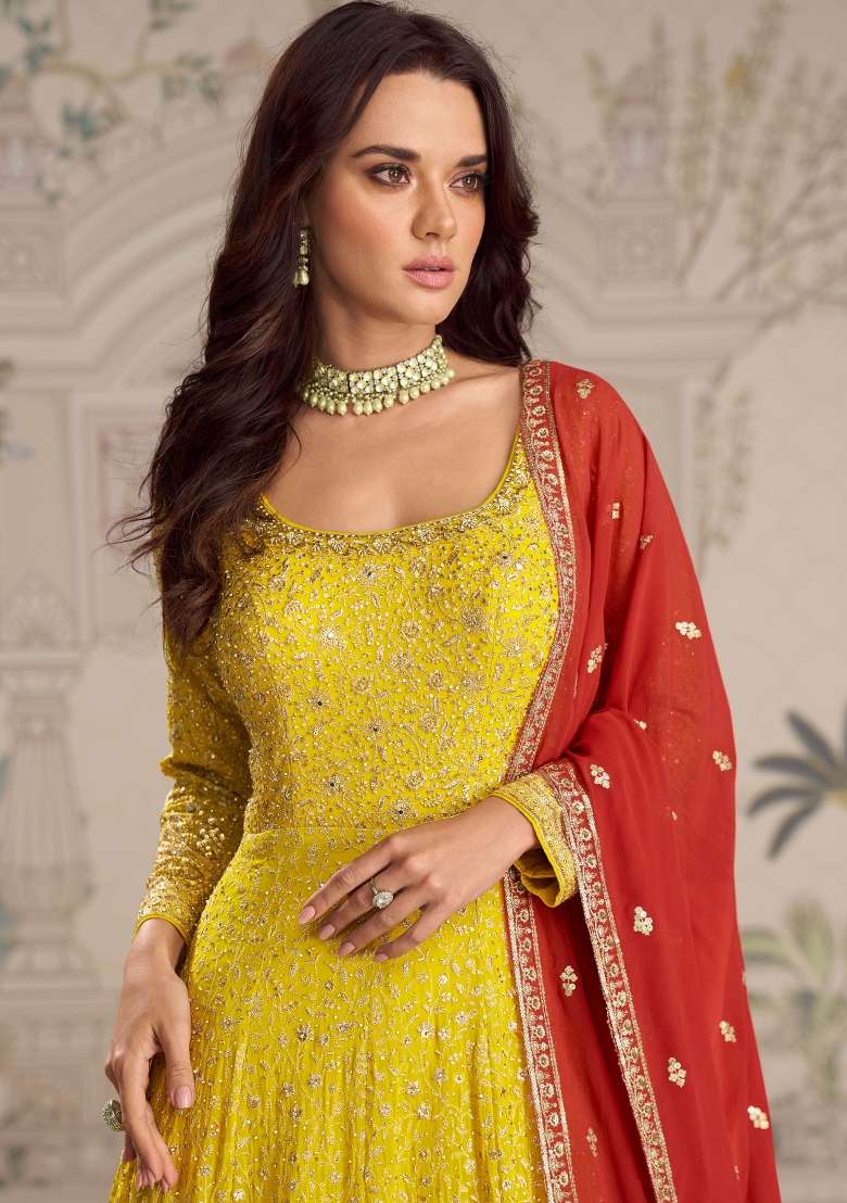 Yellow Embroidery Georgette Gown With Dupatta - Indya
