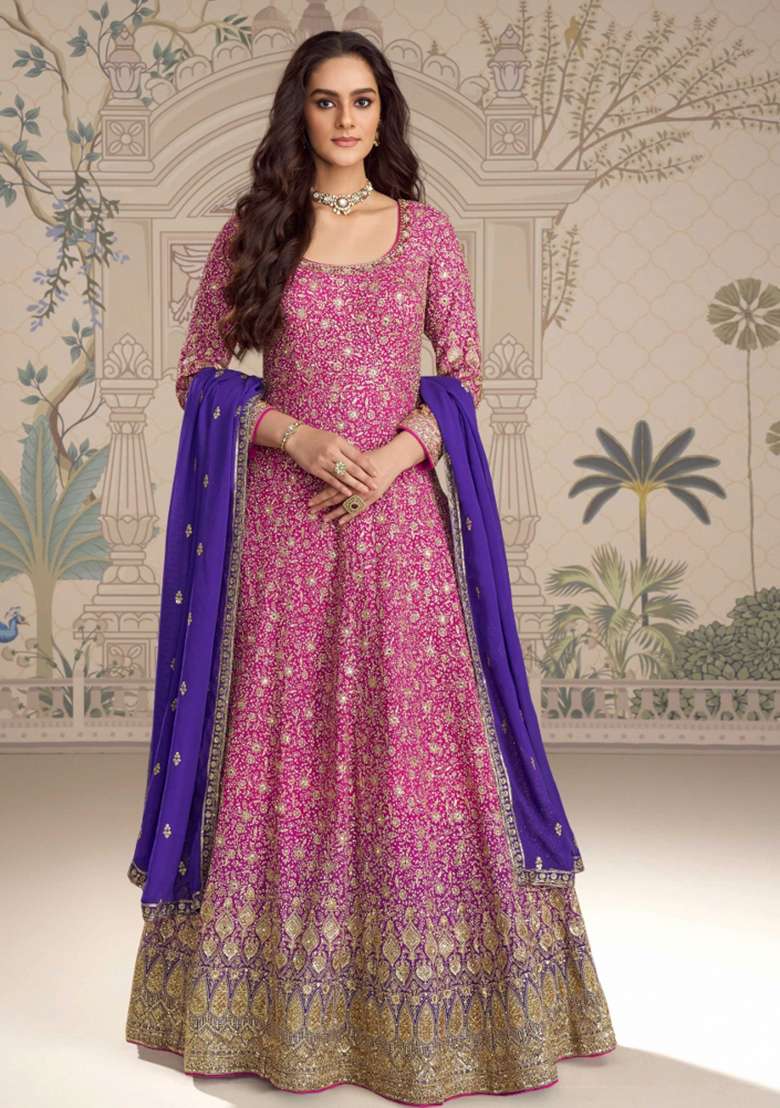 Pink Embroidery Georgette Gown With Dupatta - Indya