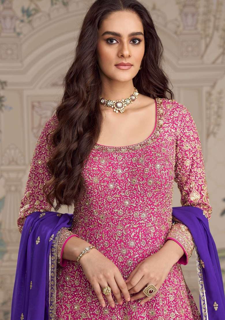 Pink Embroidery Georgette Gown With Dupatta - Indya