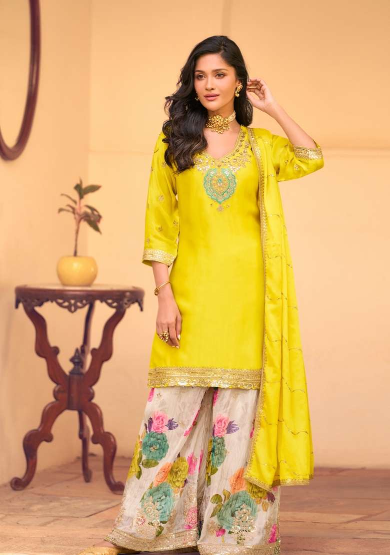 Yellow Embroidery Silk Plazzo Set - Indya