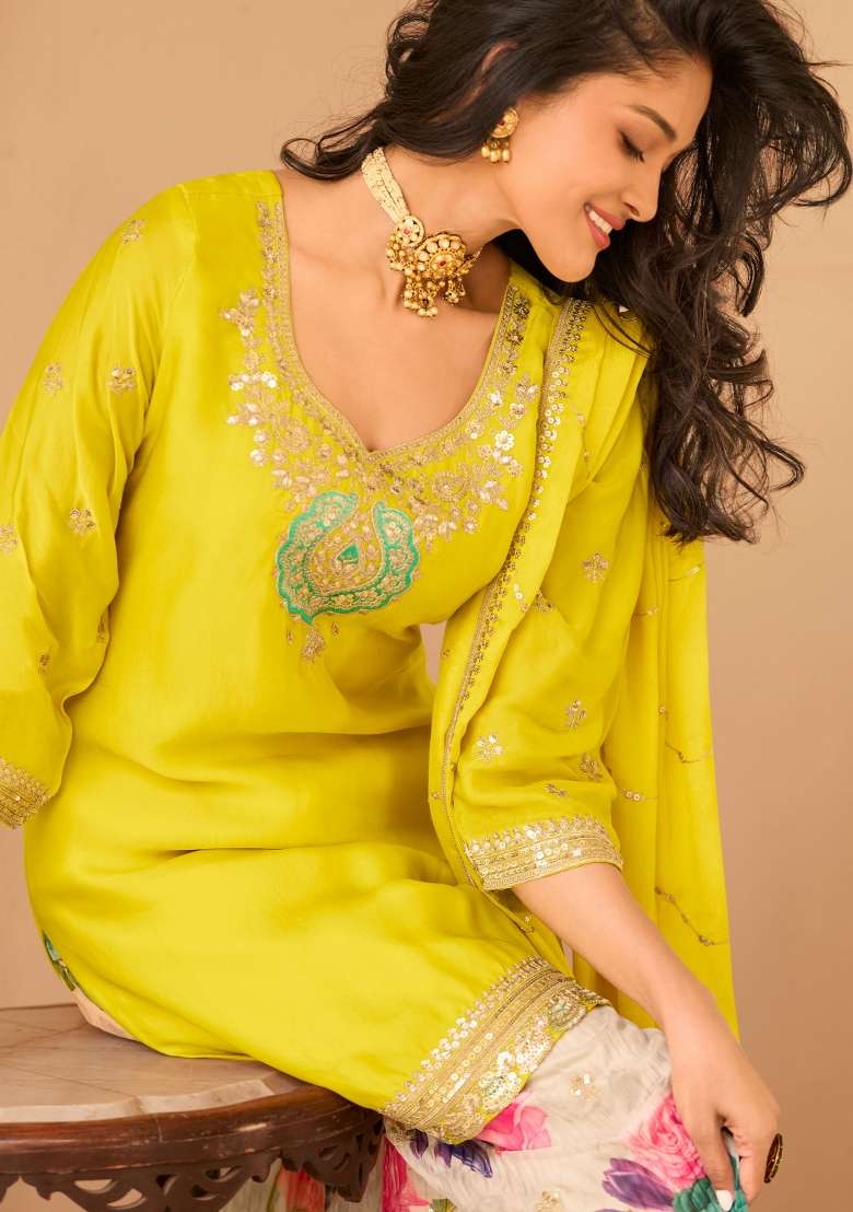 Yellow Embroidery Silk Plazzo Set - Indya