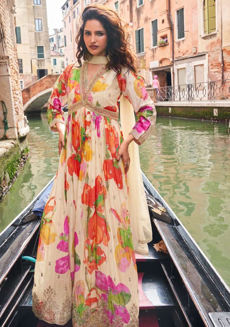 Cream Embroidery Silk Anarkali With Dupatta - Indya