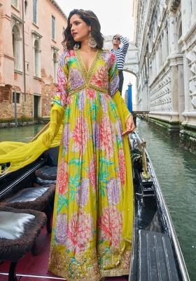 Bright Lime Green Embroidery Silk Anarkali With Dupatta