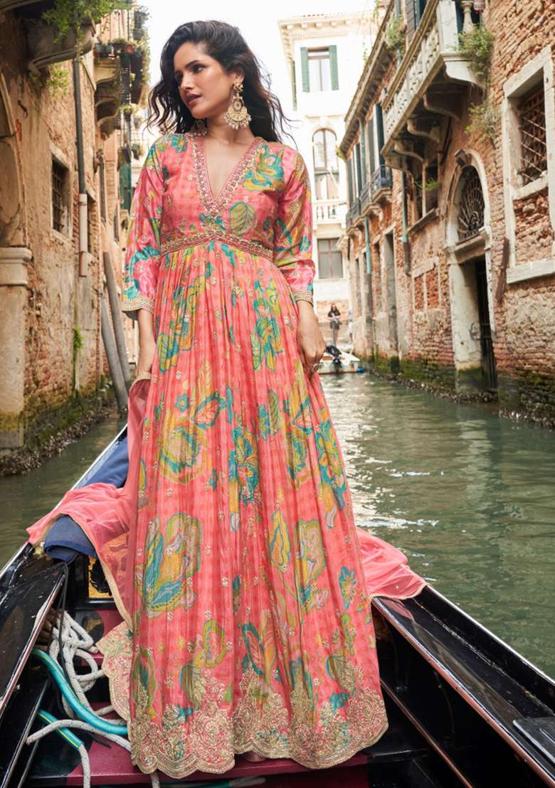 Coral Pink Embroidery Silk Anarkali With Dupatta - Indya