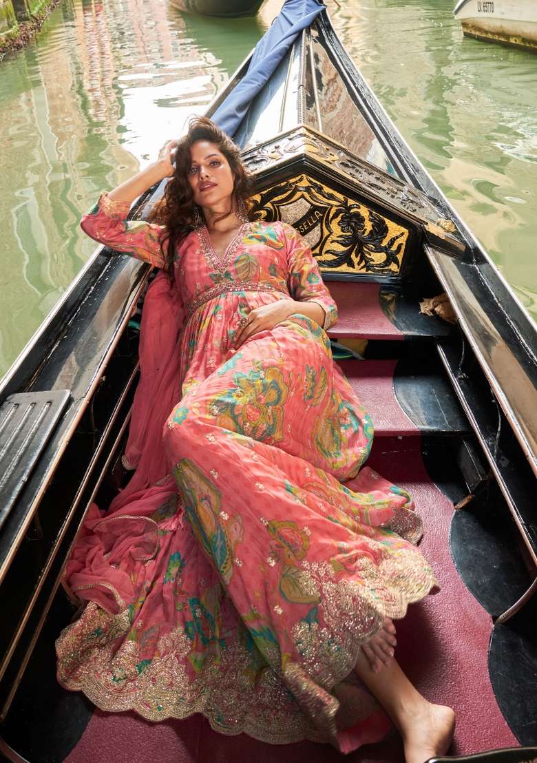 Coral Pink Embroidery Silk Anarkali With Dupatta - Indya