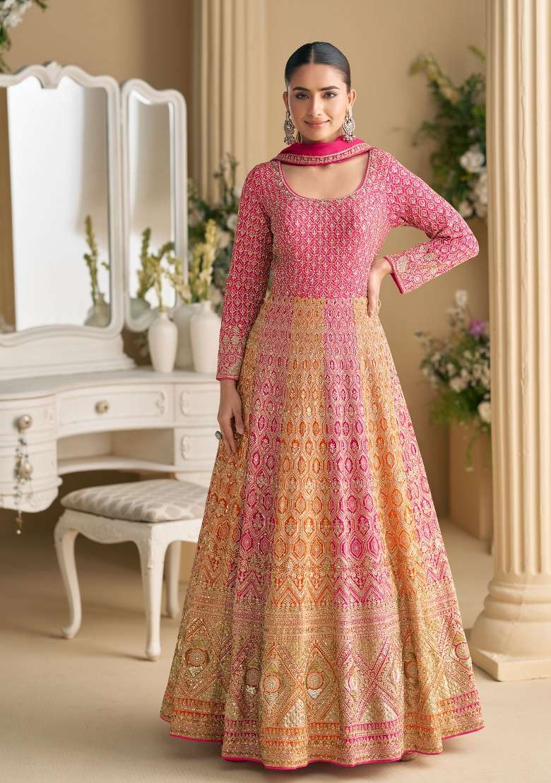 Rani Pink Embroidery Georgette Anarkali With Dupatta - Indya