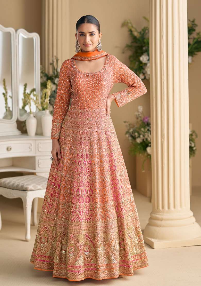 Peach Embroidery Georgette Anarkali With Dupatta - Indya