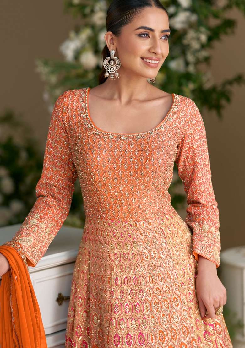 Peach Embroidery Georgette Anarkali With Dupatta - Indya