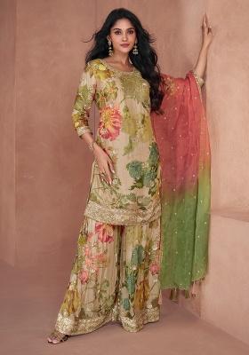 Beige Embroidery Georgette Palazzo Set
