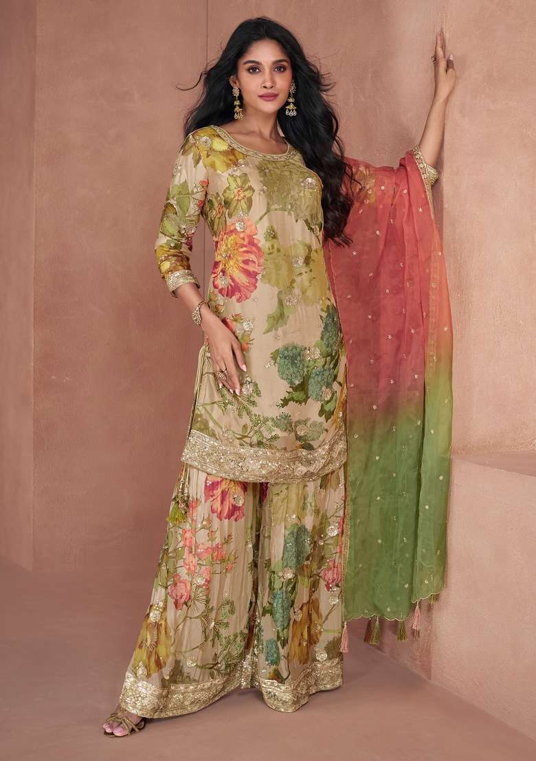 Beige Embroidery Georgette Palazzo Set - Indya