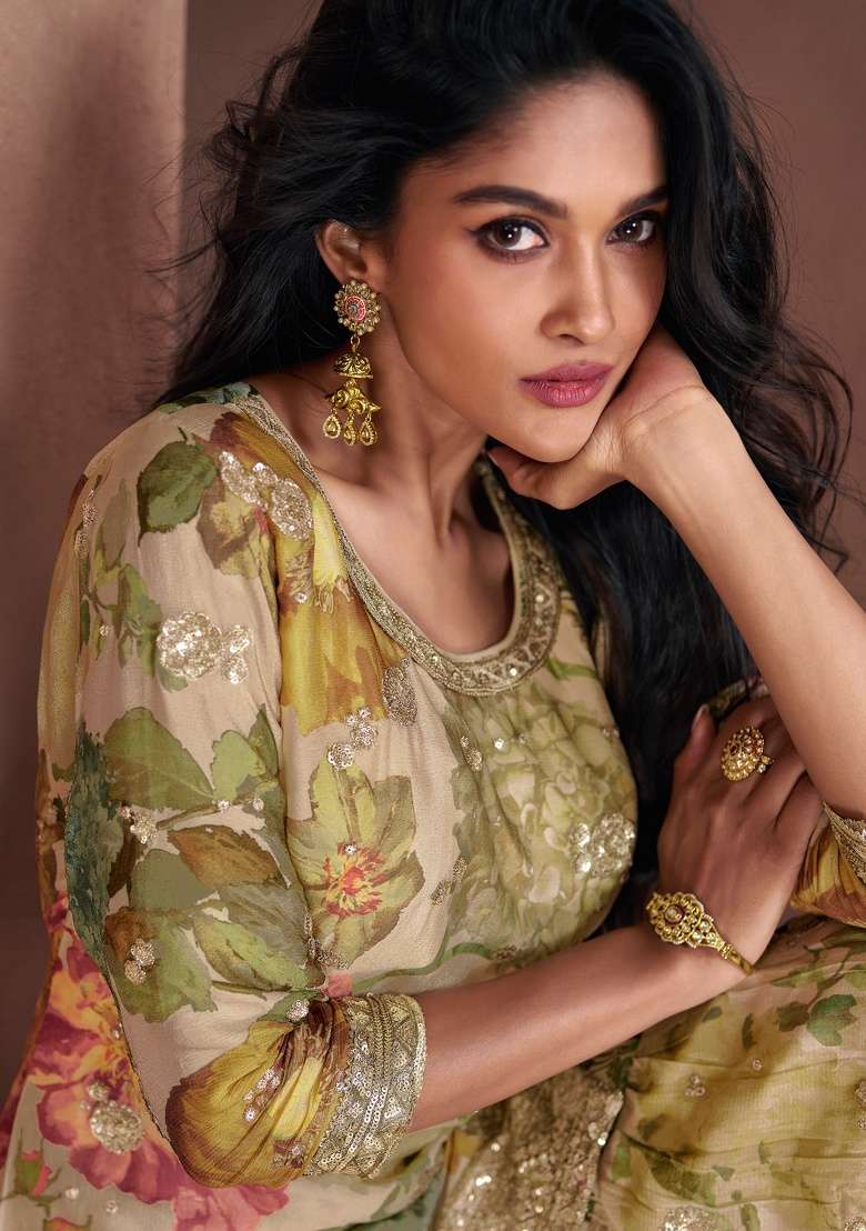 Beige Embroidery Georgette Palazzo Set - Indya